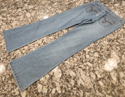 Jeans vintage Roxy bootcut taglia 7 vita bassa blu lavaggio chiaro denim tasca con patta Y2K - Foto 2 di 9