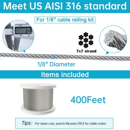 400 piedi 1/8" in acciaio inox sistema di ringhiera per cavi hardware T316 acciaio inox... - Foto 2 di 7