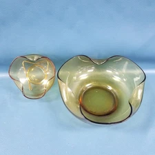Vintage Indiana Amber Glass Ruffle Edge Chip/Dip 2pc Serving Set