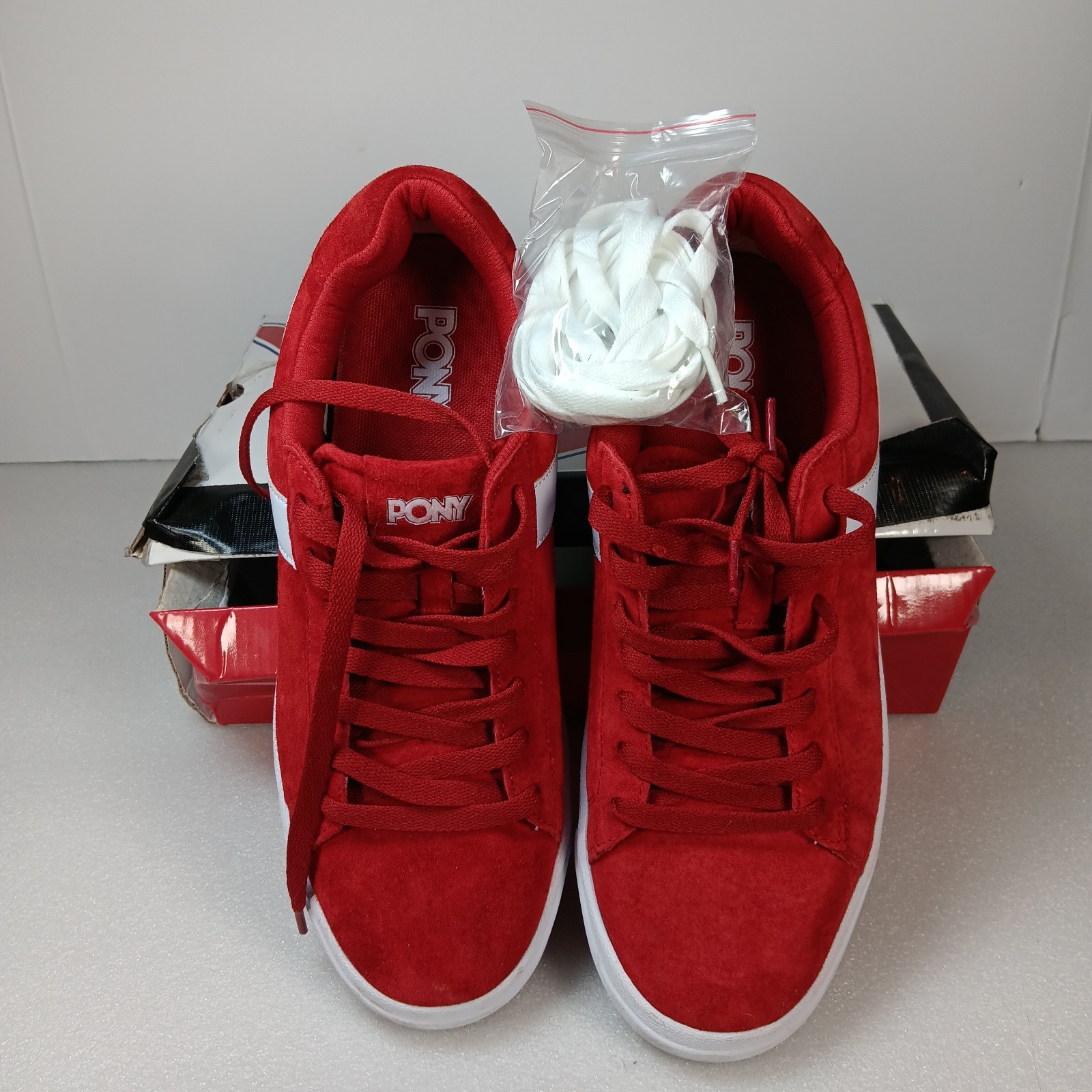 Scarpe casual PONY uomo taglia 10 5 rosso bianco pelle scamosciata retrò sneakers basse