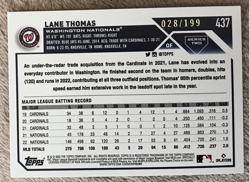 2023 Topps Red Foil #437 Lane Thomas 28/199 Washington Nationals! - Picture 2 of 2