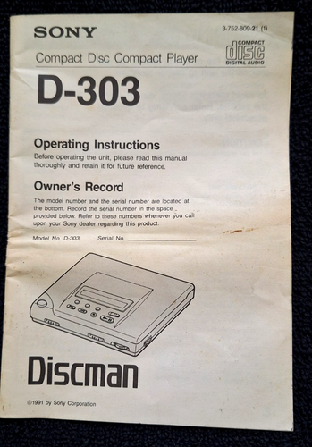 D-303 Sony Compact Disc Player "Discman" nur Bedienungsanleitung