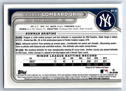 2024 Bowman Cromo George Lombard Jr Viola Rifrattore /250 New York Yankees RC - Foto 4 di 4