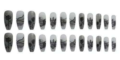 24 Nagelpressset mit Kleber Lang Goth Schwarz Rose Grau Matt Mattiert - Bild 3 von 6
