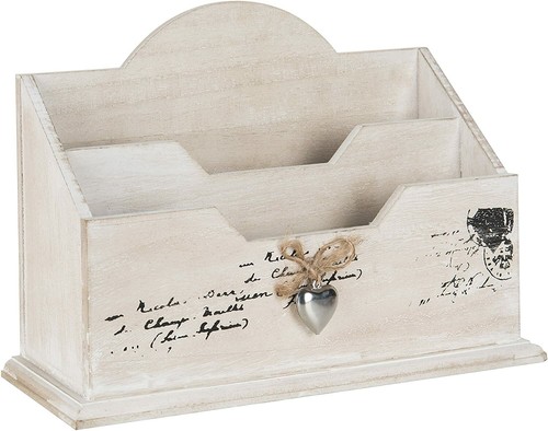 Whitewashed Wood 2 Compartment Desktop Decorative Letter Mail Sorter Organizer - Picture 3 of 6