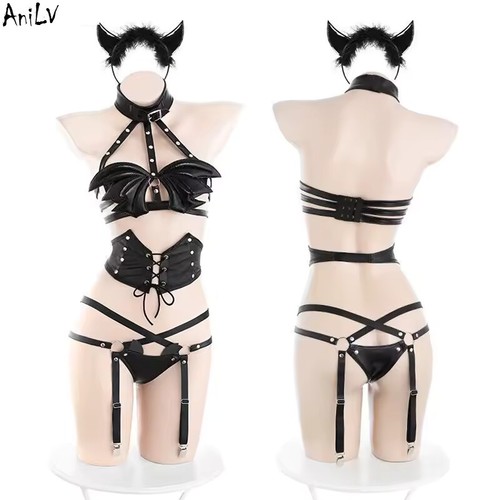 Sujetador y bragas con tiras de cuero sintético cuerno de diablo/ala con conjunto de diadema S negro gótico - Imagen 3 de 3