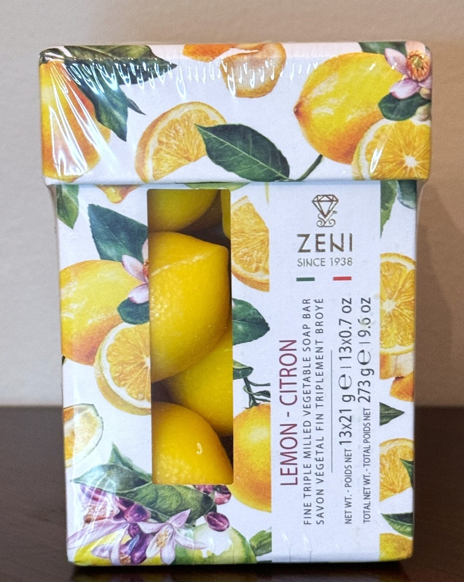 NIB Zeni Italian Fine Triple Milled LEMON Shaped Mini Soaps Box w