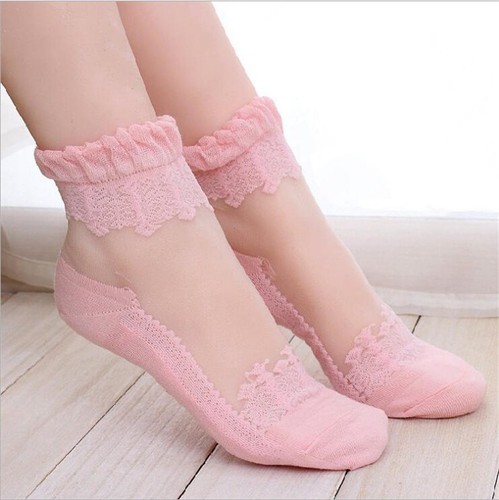Women Casual Cute Ankle High Low Cut Ultrathin Invisible Silk Crystal Lace Socks - Picture 10 of 17