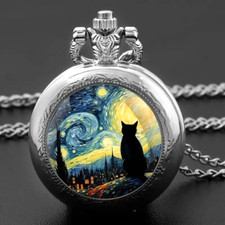 Fashion Painting Cat Vintage Quartz Pocket Watch Men Women Starry Night Silvery
