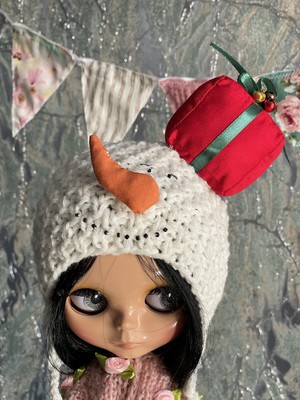 Snowman Hat Blythe Doll, Crochet Blythe Hat, Christmas Clothes Outfit Blythe