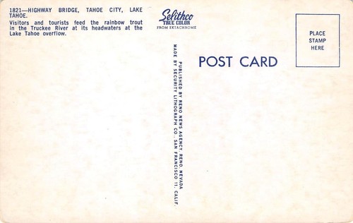Postal vintage Highway Bridge TAHOE CITY Truckee River LAGO TAHOE trucha década de 1950 - Imagen 2 de 2
