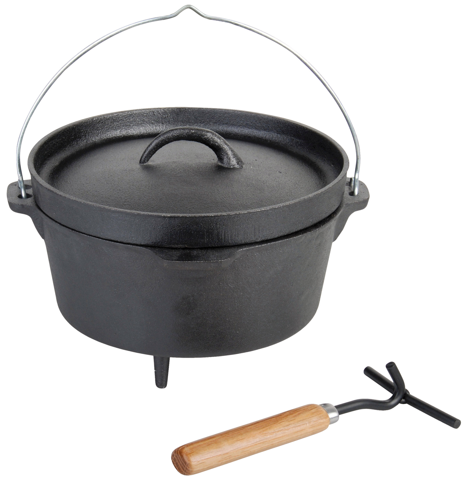 Dutch Oven Cast Iron Camping Bushcraft Fire Cooking Pot Lid Hook 10""