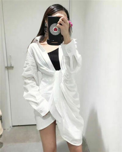 Womens Sexy V Neck Shirt Dress White Loose Pleated Midi Skirt Parrty - Picture 2 of 10