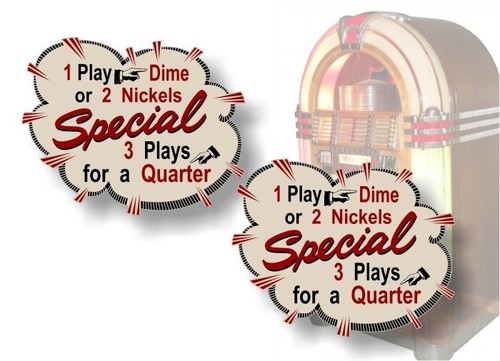 2 Jukebox Nickels or Dime Burst Decals Rock-Ola Wurlitzer Seeburg AMI Stickers