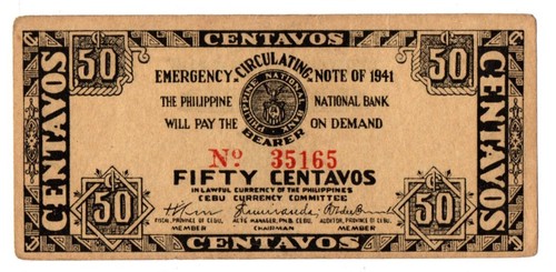 1941 Philippine Province of Cebu 50c S214 Only 50k Printed Semi Rare AU++ WW2