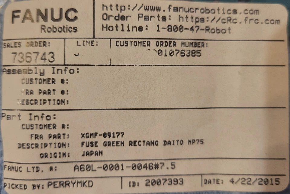 FANUC FUSIBLE VERDE RECTÁNGULO DAITO MP75 A60L-0001-0046#7.5 XGMF-09177 (5 PIEZAS) Foto 3 de 4