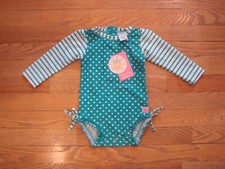 NWT RUFFLE BUTTS Baby Girl one Piece Swimsuit rash guard 12-18 mo Aqua