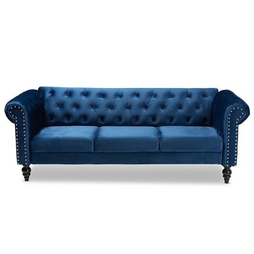Velvet Chesterfield Trans Sofa Button Tuft Silver NailHead Spindle Leg Gray Blue - Picture 14 of 28
