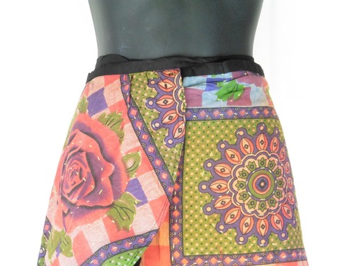 Kantha Stitch-work Indian Rayon Wrap Around Skirt Full Length Floral Design - Picture 3 of 4