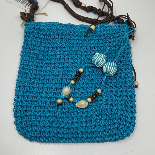 Nouveau Womens Crossbody Bag Purse Turquoise Woven Paper Brown Strap Beads Shell - Picture 2 of 7
