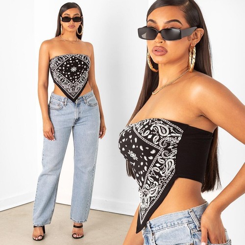 T Shirt Women Bandana Sexy Tube Top Biker Off Shoulder Crop Printed Scarf Tee