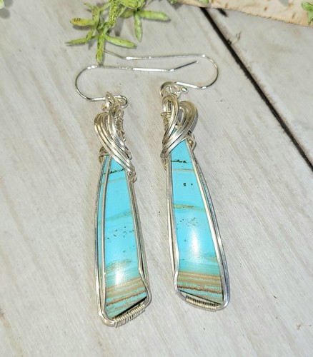 Natural Blue Opalized/Petrified Wood Sterling Silver Wire Wrapped Earrings GE31 - Picture 3 of 4