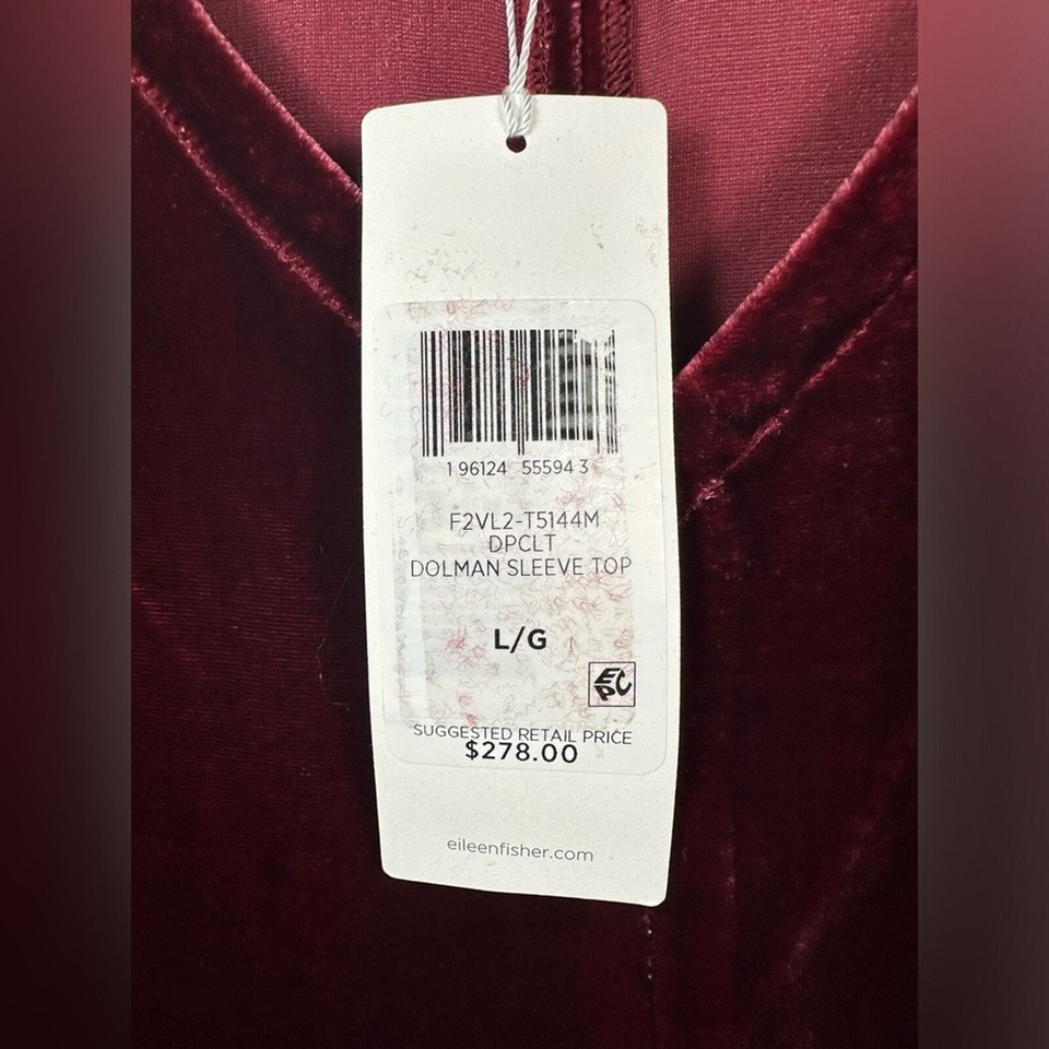 NWT Eileen Fisher Burgundy Velvet Dolman Sleeve V Neck Top Size Large