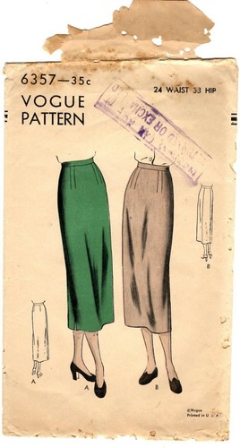 Vintage 1940s Vogue Sewing Pattern Women's SLIM SKIRT 6357 Waist 24" Hip 33" - Picture 2 of 5