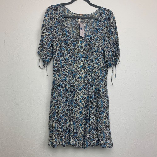 Neu mit Etikett Free People blau Blumendruck Kleid Schnürärmel mit fallenden Bändern - Bild 4 von 9