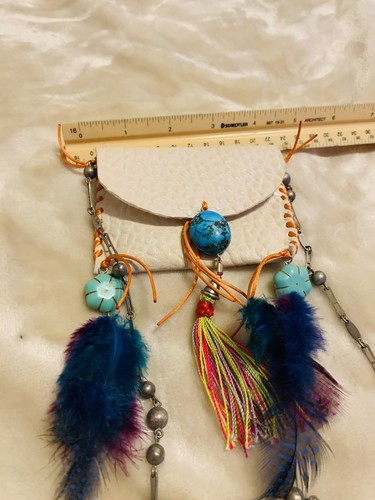 Small Unique Purse with Blue & Purple Stones & Feathers Metal String - Picture 2 of 7