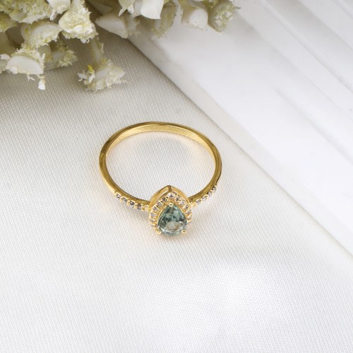 14k Yellow Gold Plated Pear Cut Green Sapphire Diamond Engagement Ring Size 7 - Picture 7 of 8