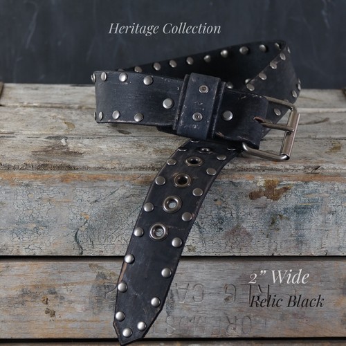 Aged Leather Belt. Studded with Grommets. 2” Wide. BLACK - Picture 2 of 8