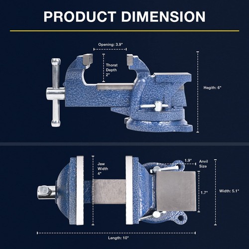 Bench Vise 4" Vice for Workbench with Heavy Duty Forged Steel 360°Swivel Base - Picture 3 of 7