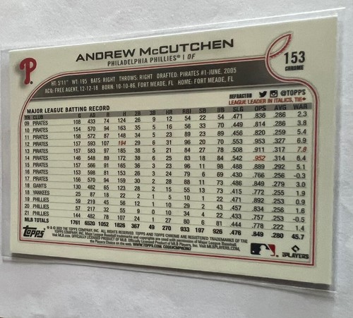 2022 Topps Chrome Andrew McCutchen #153 Refractor Philadelphia Phillies - Picture 2 of 2