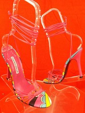 NEW CHARLES DAVID MULTICOLOR LEATHER ANKLE STRAPS HEEL SANDALS 6.5 SPAIN