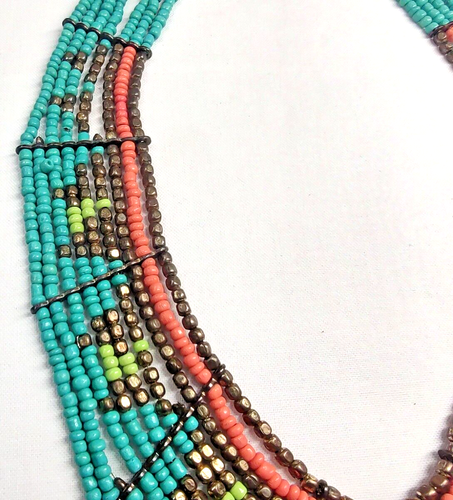 Tribal Beaded Collar Bib Necklace Multi Strand Seed Beads Southwestern Turquoise - Picture 14 of 17
