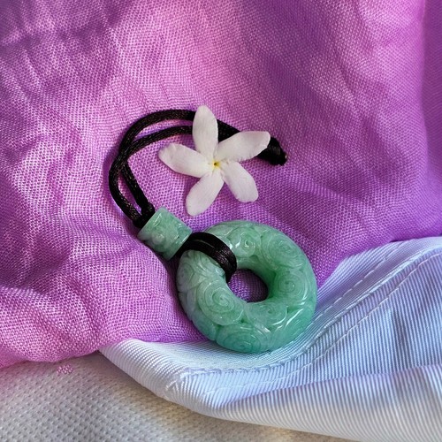 Premium Grade Donut Burmese Jade Pendant Green Apple Carved Auspicious Clouds - Picture 3 of 10