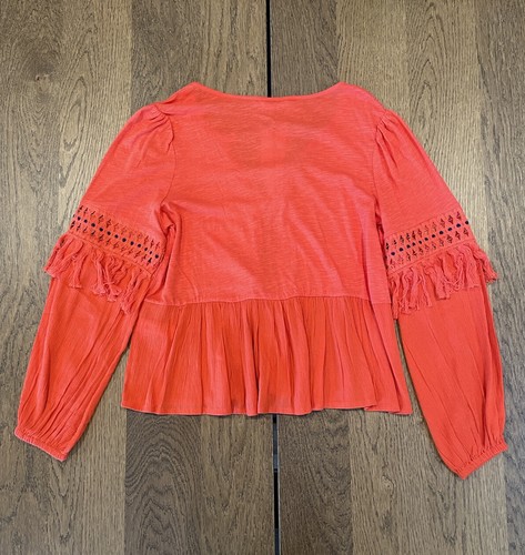 Lucky Brand Cutout Illusion Bauernbluse Damen M orange Schlitz Ausschnitt Quasten - Bild 2 von 15