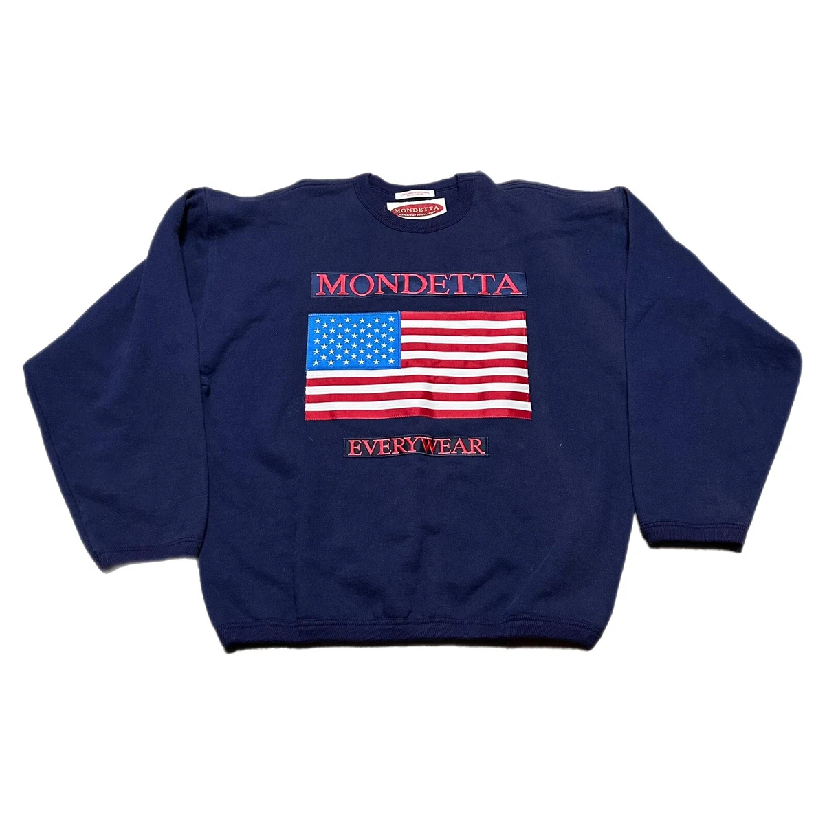 Vintage Mondetta Sweater Men's S USA Flag Navy Blue 90s Pullover Crewneck