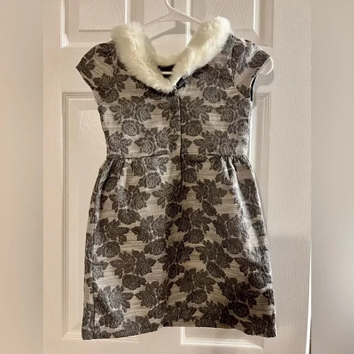 Janie and Jack Collections Dove Grey Floral Faux Fur Collar Jacquard Dress 7 - Picture 2 of 3
