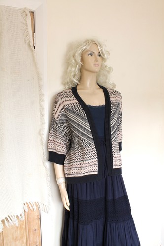 Per una cream Navy fairisle cotton open Cardigan Jacket size 10–12 boho Peruvian - Picture 9 of 10