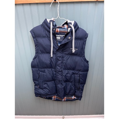 Chaps Navy Quilted Puffer Vest with Plaid Lined Hood Men's S - Picture 1 of 4