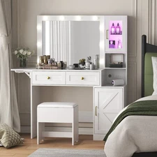 Vanity Desk with Mirror and Lights, Chair & Glass Top, Fold-Up Panel for Room