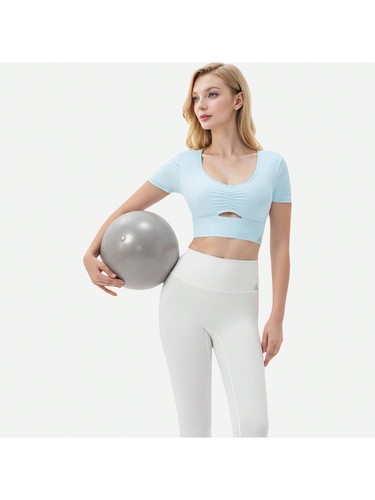 Women's Ruched Cutout Crop Top With Short Sleeves - Picture 20 of 26