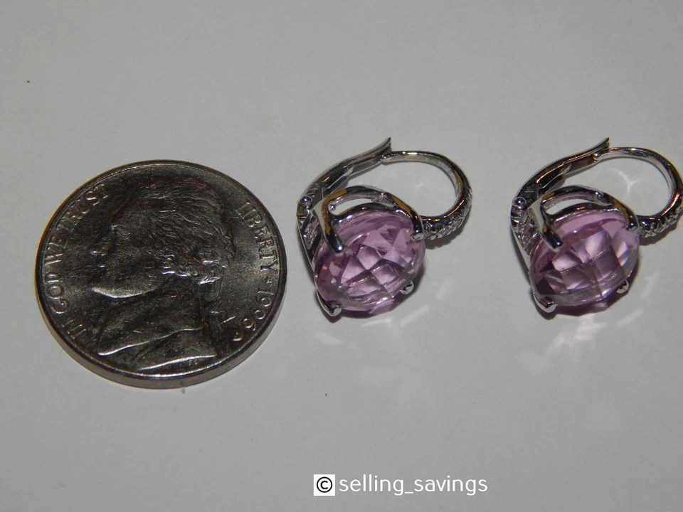 ORO BLANCO 14K CUARZO ROSA Y DIAMANTE 6/10 PULGADAS PALANCA TRASERO PENDIENTES COLGANTES HUGGIE Foto 3 de 4