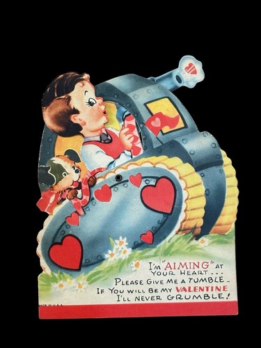 Vintage Boy & Dog In Tank Valentine Greeting Card Die-cut Mechanical Made In USA - Picture 2 of 4