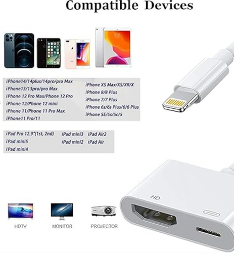 Apple Lightning Digital AV Adapter Charging Port, 1080P Sync Screen Video Dongle - Picture 7 of 8