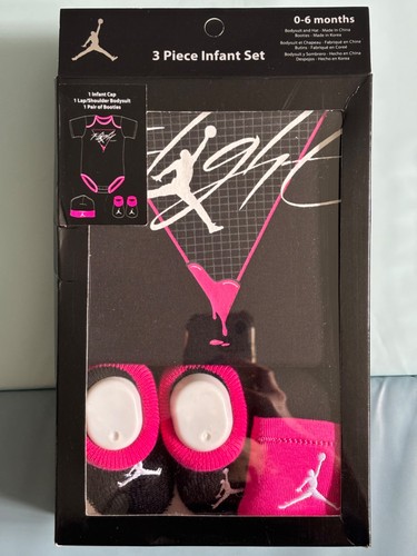 3 Piece Nike Air Jordan Baby Girl Outfit 0-6 Month Booties Bodysuit Hat Gift NIB