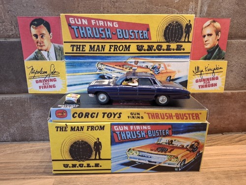 CORGI 497 BLUE MAN FROM UNCLE THRUSHBUSTER RESTORED REPRO BOX& WAVERLY RING TV