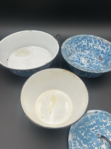 Konvolut Vintage hellblau & weiß Wirbel Emaille Granit Schüssel, Waschbecken, Topf - Bild 3 von 7